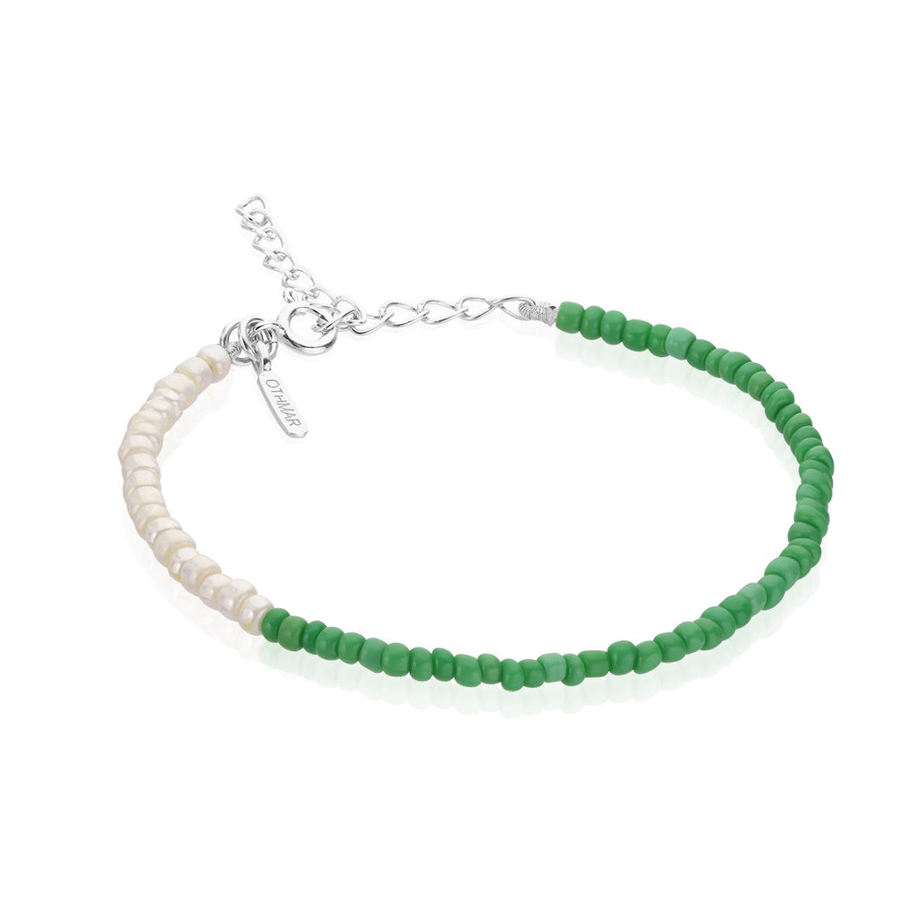 SANTORINI, Fira Bead Bracelet, Green-White/Silver