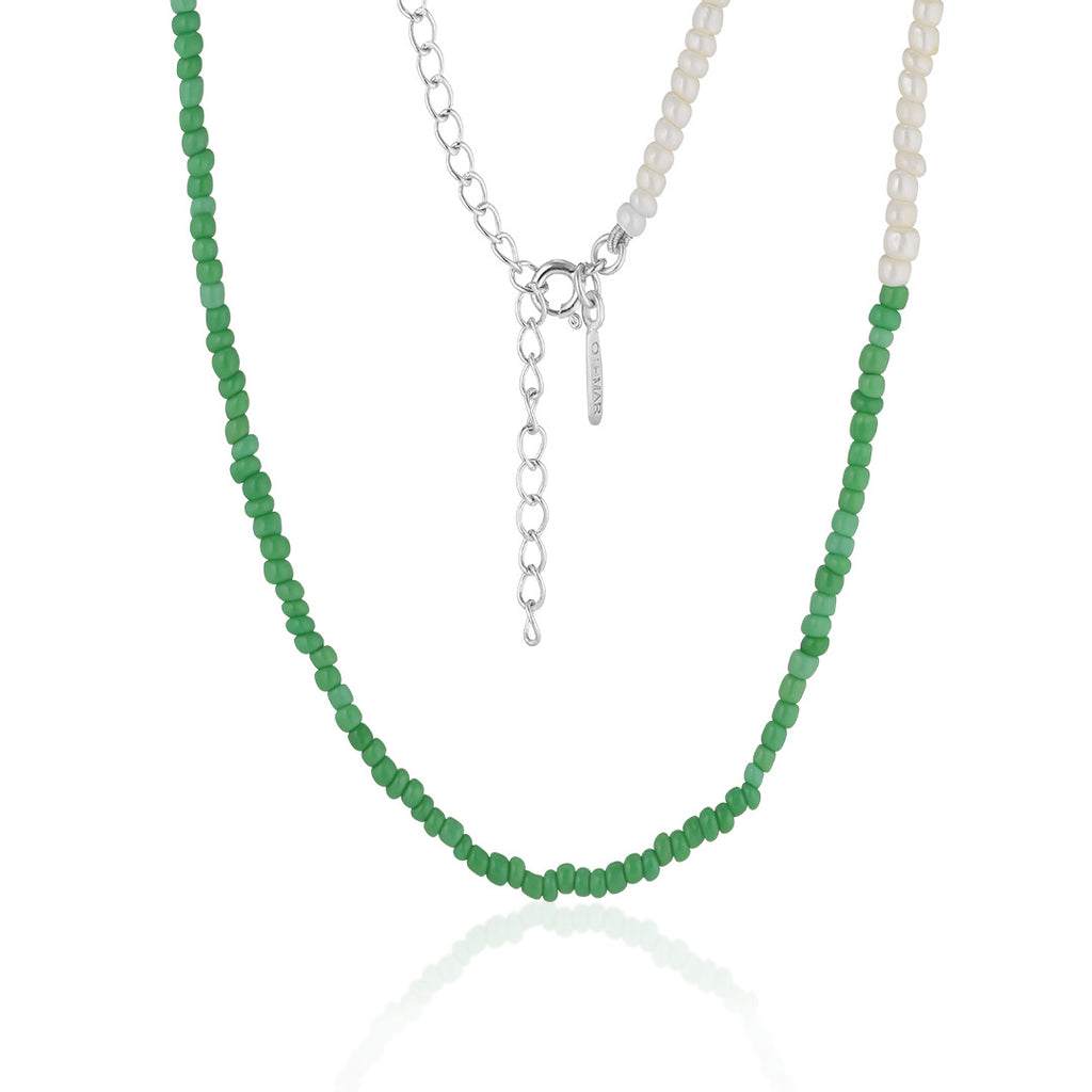 SANTORINI, Oia Bead Necklace, Green-White/Silver