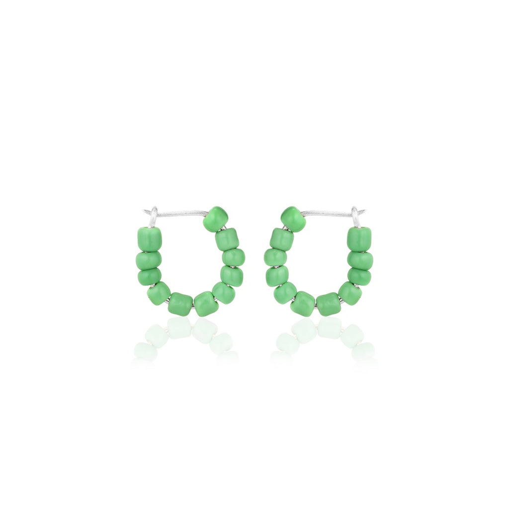 SANTORINI, Perissa Small Bead Hoops, Green/Silver