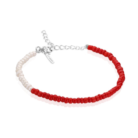 SANTORINI, Fira Bead Bracelet, Red-White/Silver