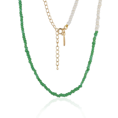 SANTORINI, Oia Bead Necklace, Green-White/Golden