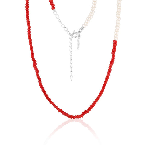 SANTORINI, Oia Bead Necklace, Red-White/Silver