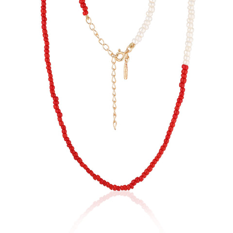 SANTORINI, Oia Bead Necklace, Red-White/Golden