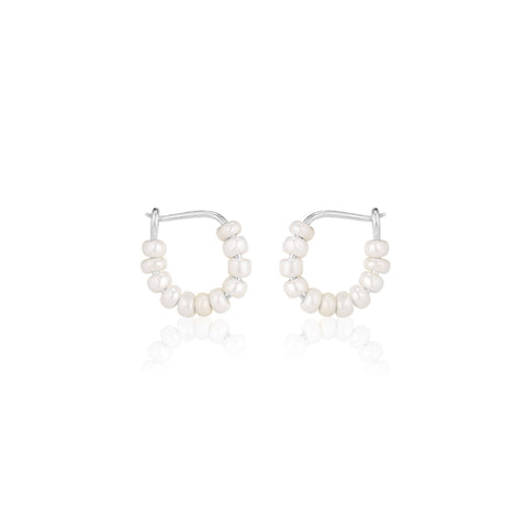 SANTORINI, Perissa Small Bead Hoops, Cream/Silver